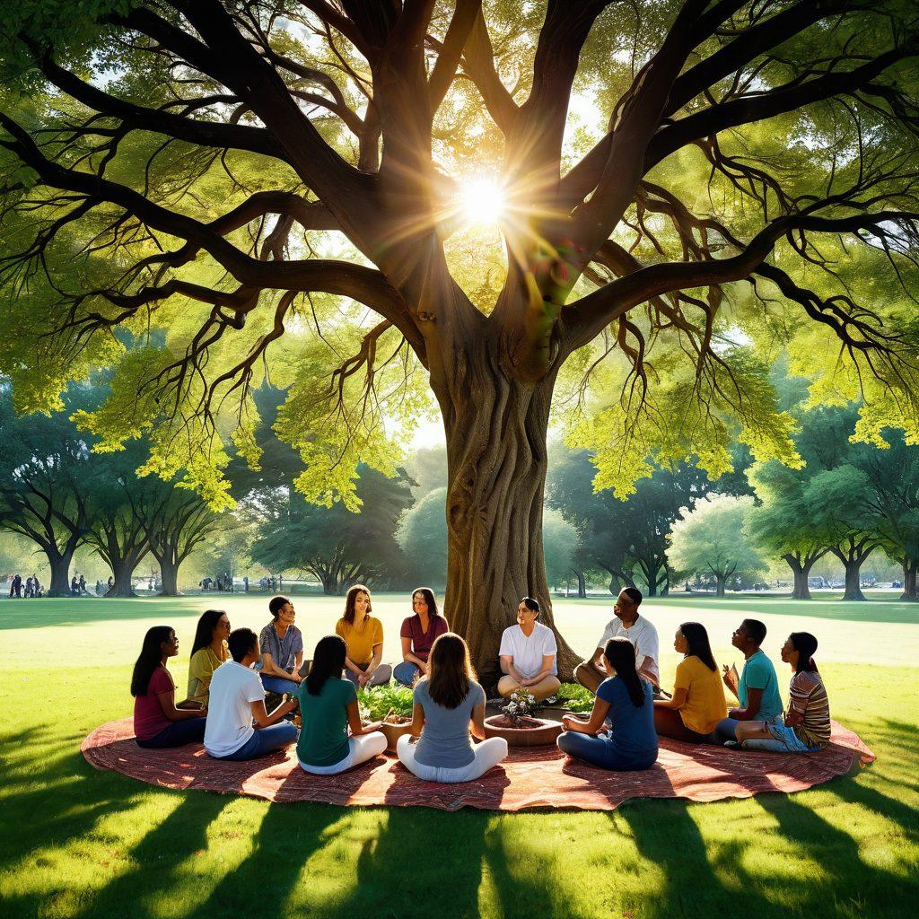 A warm, inviting scene of diverse individuals engaged in a circle, sharing stories and laughter under a beautiful tree in a vibrant park. Soft sunlight filters through the leaves, casting a golden glow on their expressions of joy and connection. Elements of nature surround them, symbolizing growth and harmony in relationships. super-realistic. vibrant colors. soothing ambiance.