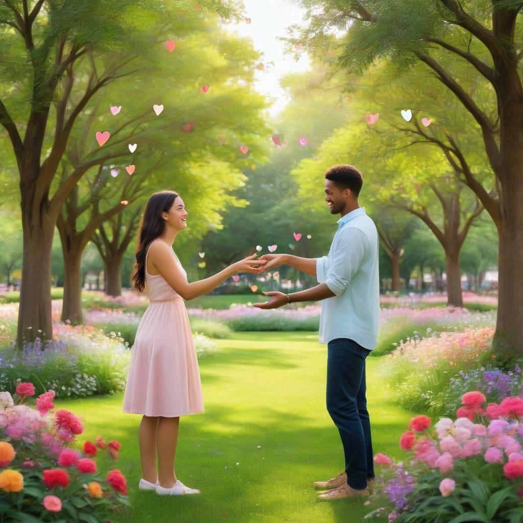 A warm and inviting scene depicting diverse couples and friends in a park, sharing laughter and embracing each other amidst lush greenery and blooming flowers. Soft pastel colors create a serene atmosphere, symbolizing connection, trust, and support. Include elements like hearts, speech bubbles, and hand-holding to emphasize relationship advice and thriving partnerships. super-realistic. vibrant colors. natural setting.