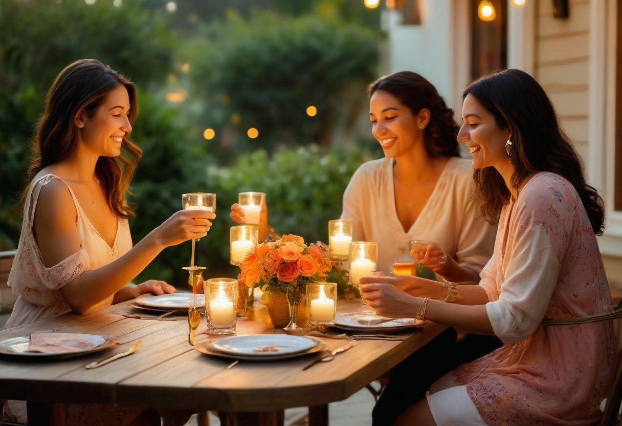 A cozy gathering of diverse friends sharing intimate moments around a beautifully decorated outdoor table filled with candles and flowers, surrounded by a warm sunset. Capture the essence of laughter, connection, and affection, with soft, inviting colors. Showcase elements like heart-shaped decorations and playful interactions to symbolize romance and friendship. painting. warm tones. soft focus.